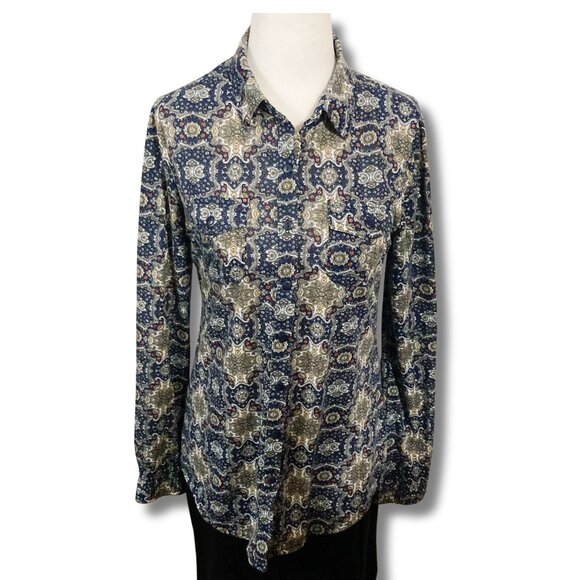 SUZY SHIER Navy blue geometric floral print button-down shirt ~ SMALL MEDIUM top - Picture 1 of 12